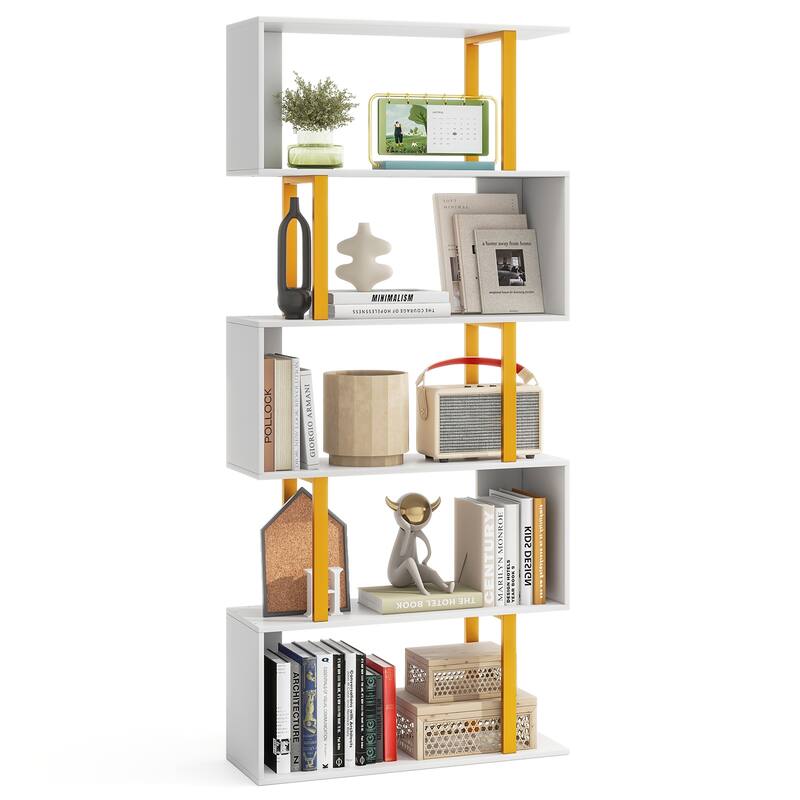 Gymax 5-Tier Geometric Bookcase 62-Inch S-Shaped Bookshelf w/ Metal