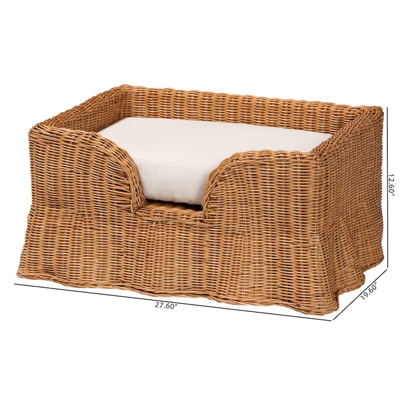 Belita Natural Rattan Pet Bed with Scalloped Base - Handwoven Wicker Enclosed Lounge Bed for Dogs or Cats with Removable Cushion