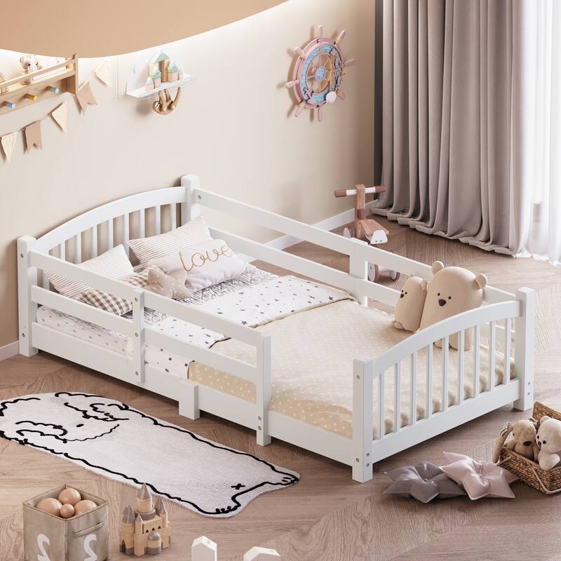 Solid Wood Floor Bed Montessori Bed with Safety Guardrails Without Door - White - Twin