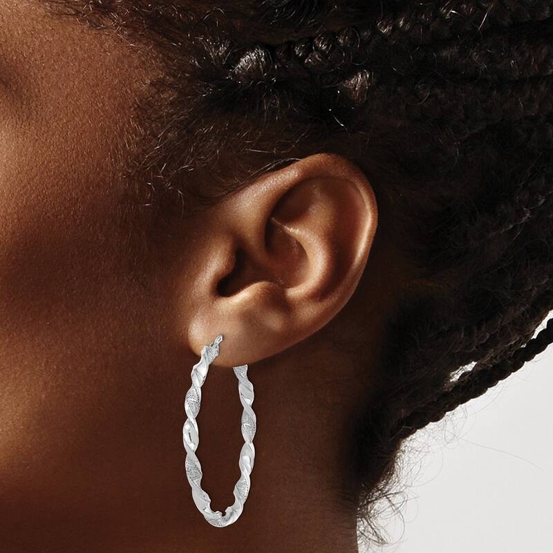 Curata 14k White Gold Polished and Textured 39.7x3mm Twisted Hoop Earrings