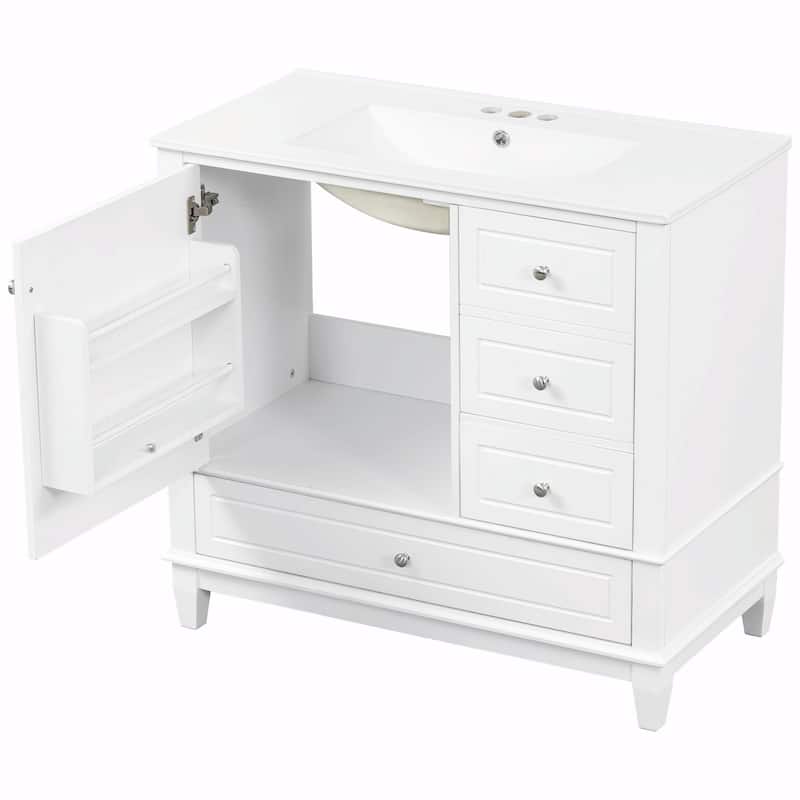 36" Bathroom Vanity with Ceramic Sink, MDF & Solid Wood Base, 3 Drawers and Cabinet with Shelves