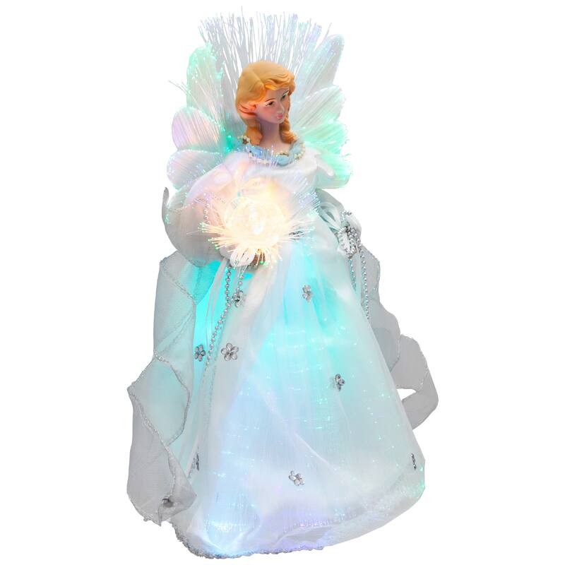 Color-changing Fiber Optic Angel with Rose Christmas Tree Topper - 12" - White