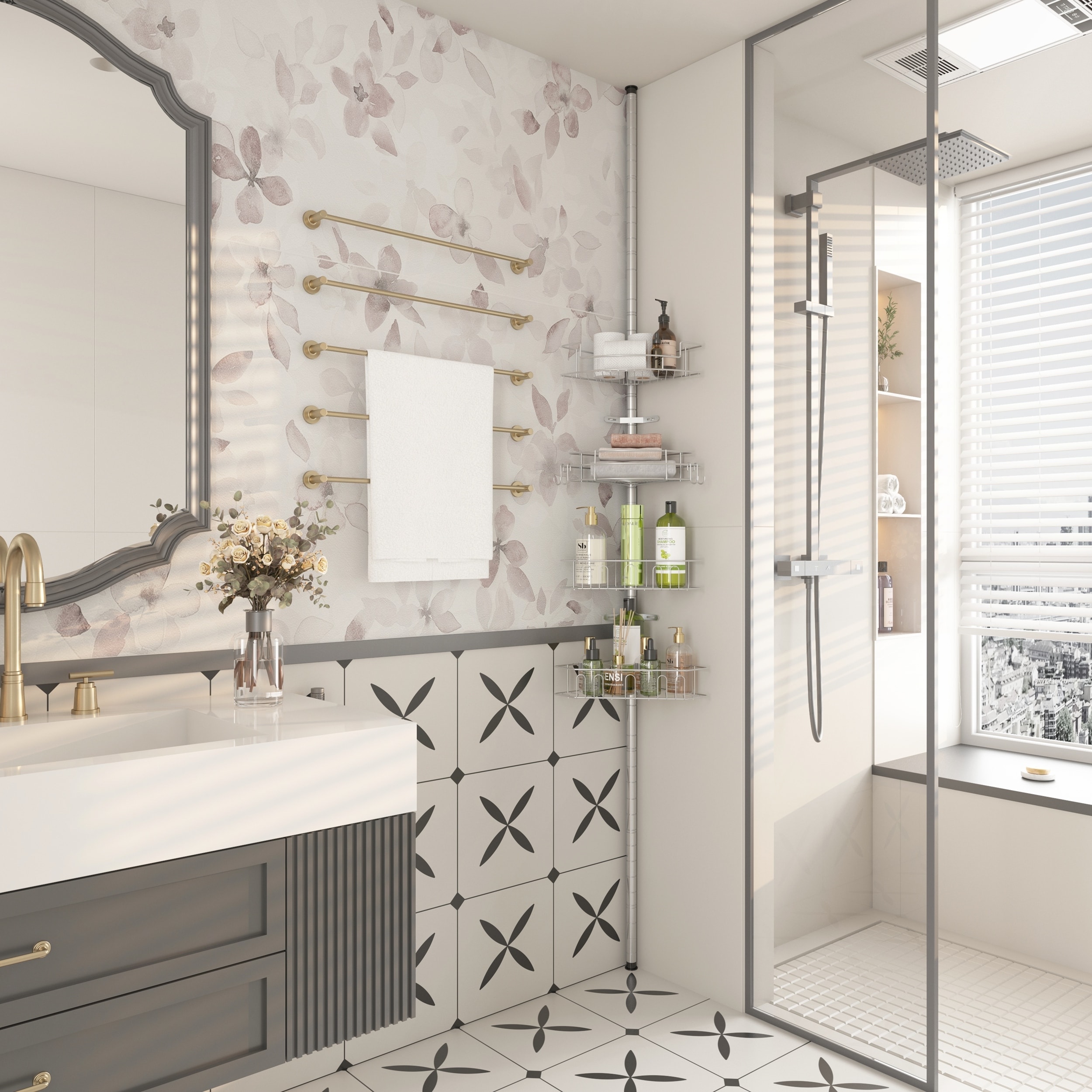 Tension Pole Corner Shower Caddy with 4 Adjustable Baskets for Customizable and Space-Efficient Bathroom Storage
