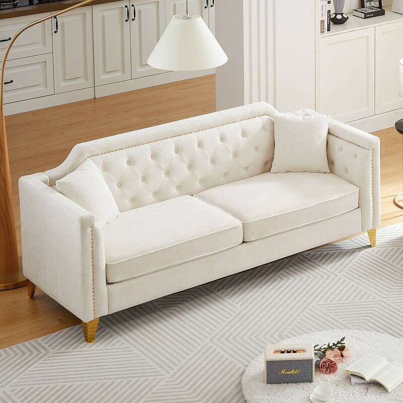 Chenille Sofa with Golden Metal Legs, 3-Seater Couch with Solid Wood Frame and 750 lbs Capacity