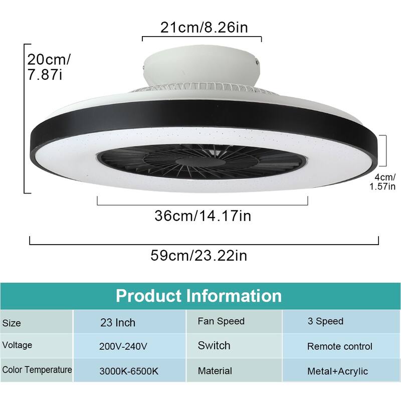 23" Dimmable Ceiling Fan with Light Remote Flush Mounted