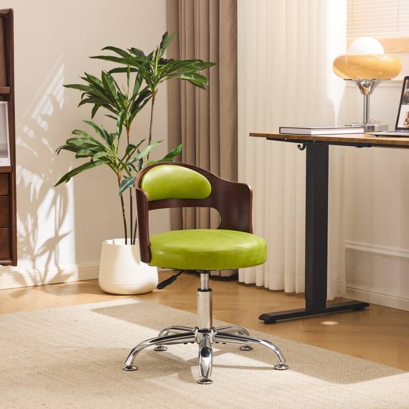 Ring-Shaped Wooden Back Office Chair With Foot Spikes And Wheels - Grass Green
