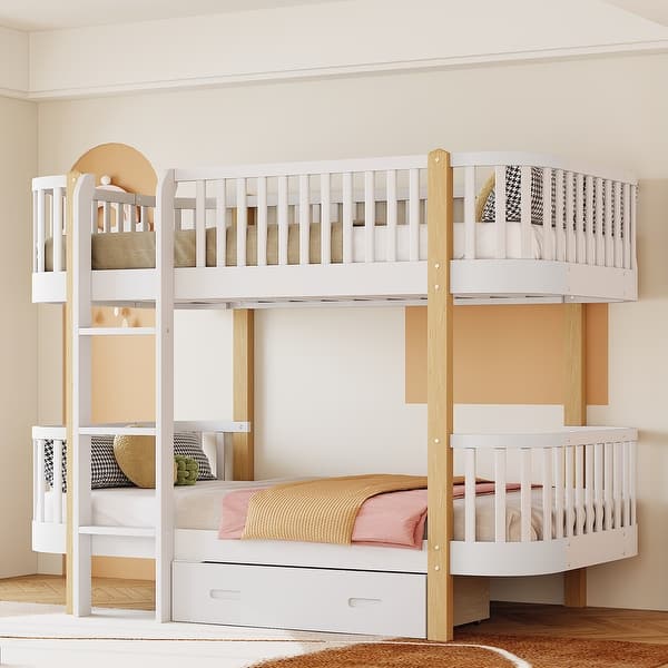 slide 2 of 10, Modern Twin over Twin Size Wooden Bunk Bed with Fence Guardrail and Drawer for Kids/Teens/Adults Bedroom