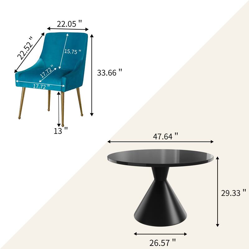 48" Light Luxury Black High Gloss Large Countertop Dining Table with Velvet Dining Chair Set