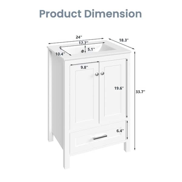 dimension image slide 2 of 5, Modern Bathroom Vanity with Ceramic Sink, Soft-Close Storage Cabinet and Glossy Easy-Clean Countertop