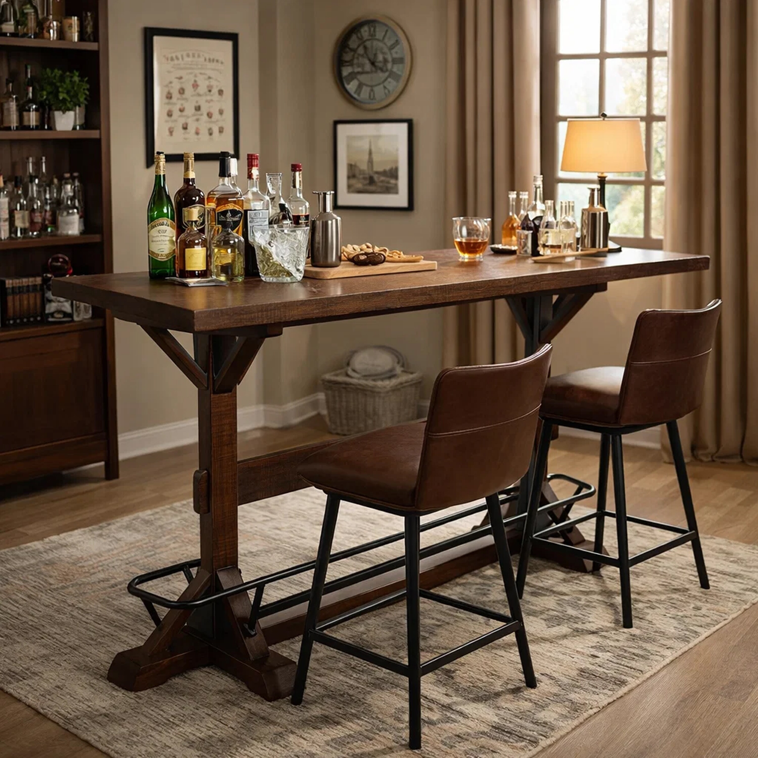 Benjara Flint Pub Bar Table, Black Metal Foot Rail, 78 Inch, Dark