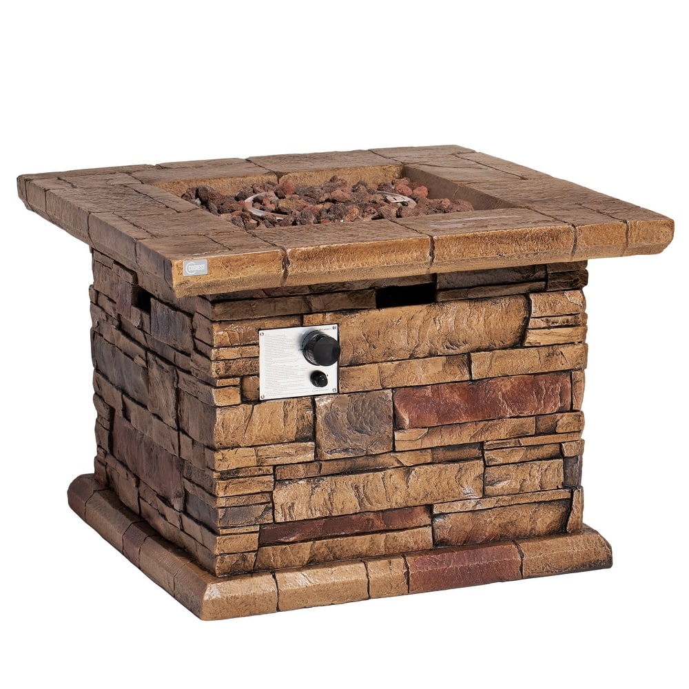 COSIEST Outdoor Square Propane Fire Pit Table w Faux Brown Ledgestone - 32" W x 32" D x 25" H