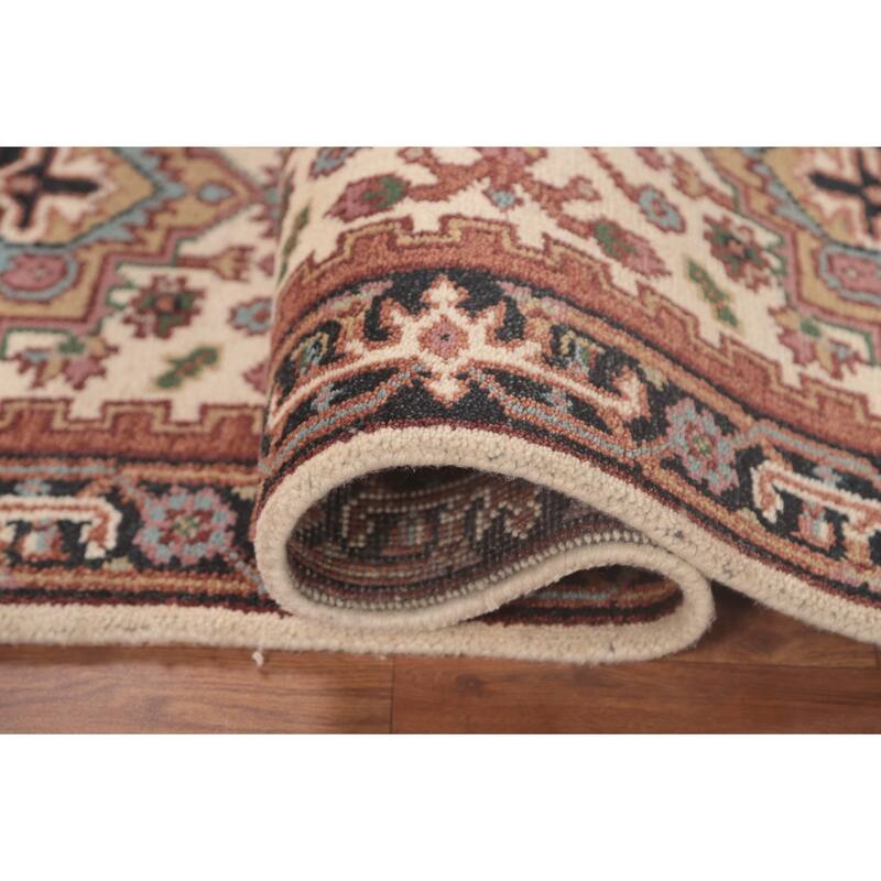Geometric Beige Heriz Serapi Runner Rug Hand-Knotted Wool Carpet - 2'7"x 7'11"