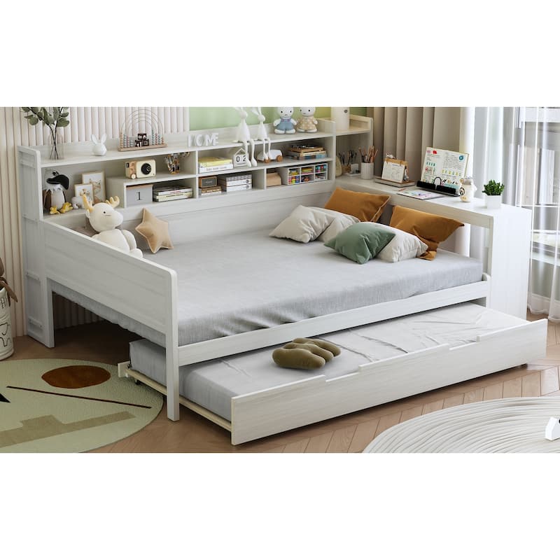 Wooden Full Size Daybed with Storage Shelves