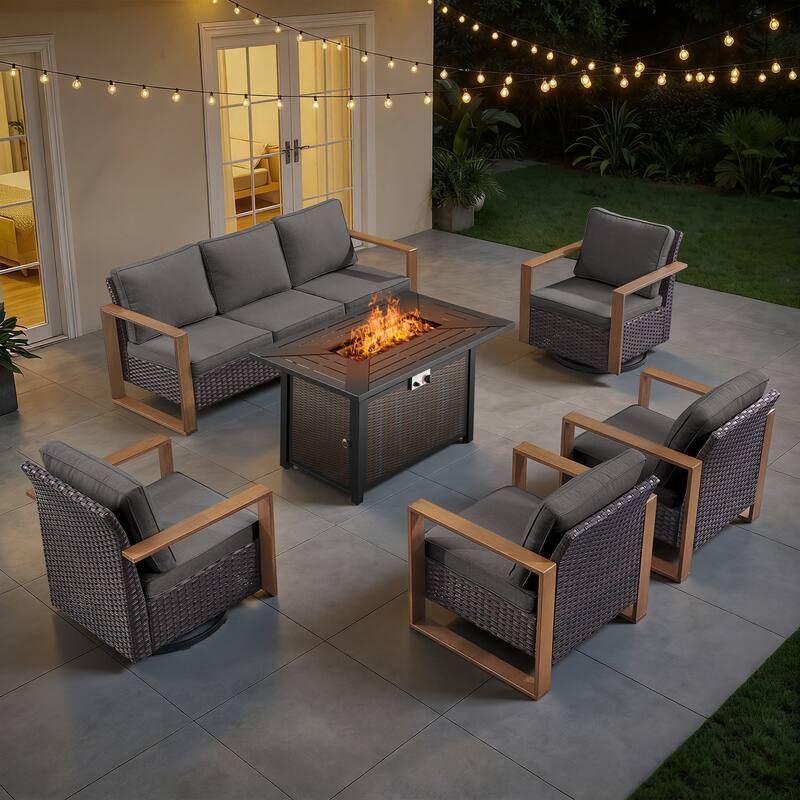 Meyreso Wicker Outdoor Patio Metal Fire Pit Set with Swivel Gliders and Olefin Cushions - Brown / Gray Cushions - 6-Piece