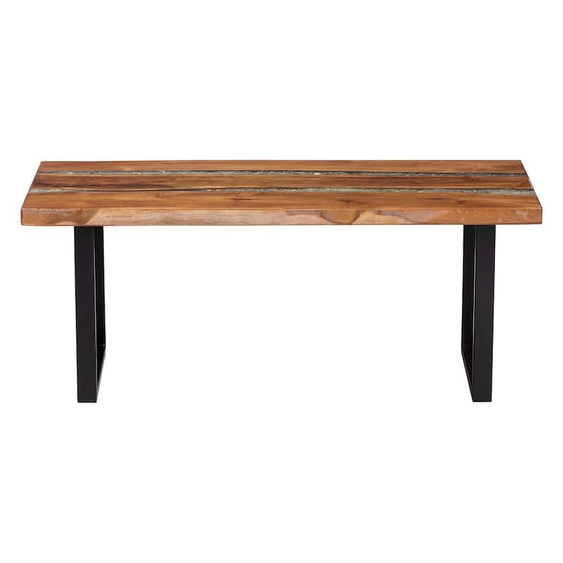Apio Wood Epoxy Resin Coffee Table with Glass Inlay - Rectangular Live Edge Teak wood Accent Table with Black Metal Base