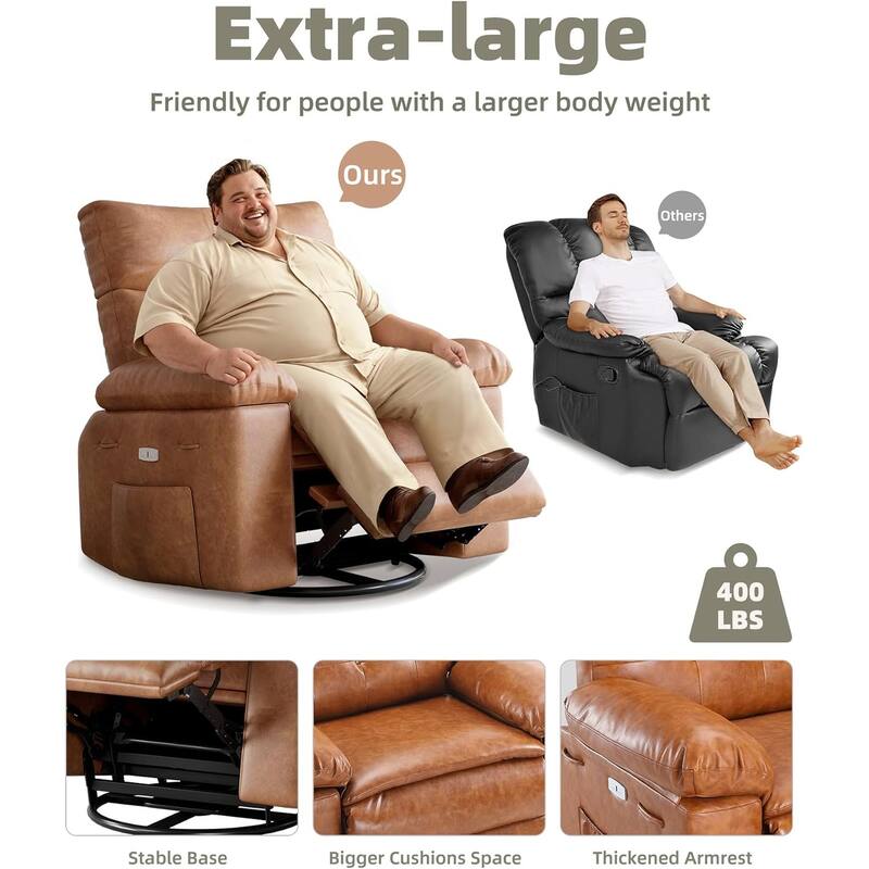 Oversized Lazy Recliner Chair, 360° Swivel, Manual Recline 135°, PU Faux Leather, Metal Frame, Side Pocket