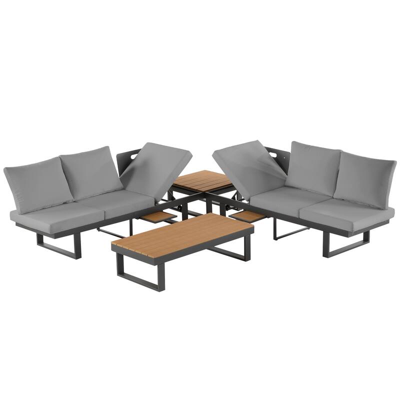 Outdoor Patio Conversation Sofa Set L-shape Sectional Sofa Set with Adjustable Reclining Seats, Coffee Table, Side Table