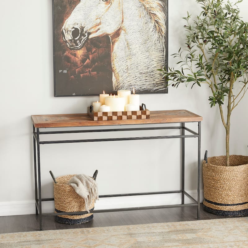 Metal Console Table with Brown Wood Top - Black - Roche River Decor - 16"W x 48"L x 30"H