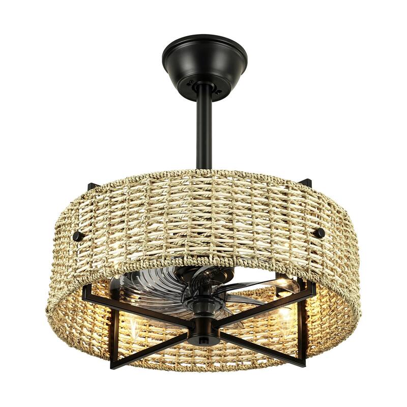 4-Light Traditional Boho Cylinder Drum Woven Rattan and Bamboo Ceiling Fan - 19.3 in. W x 8.3 in. H