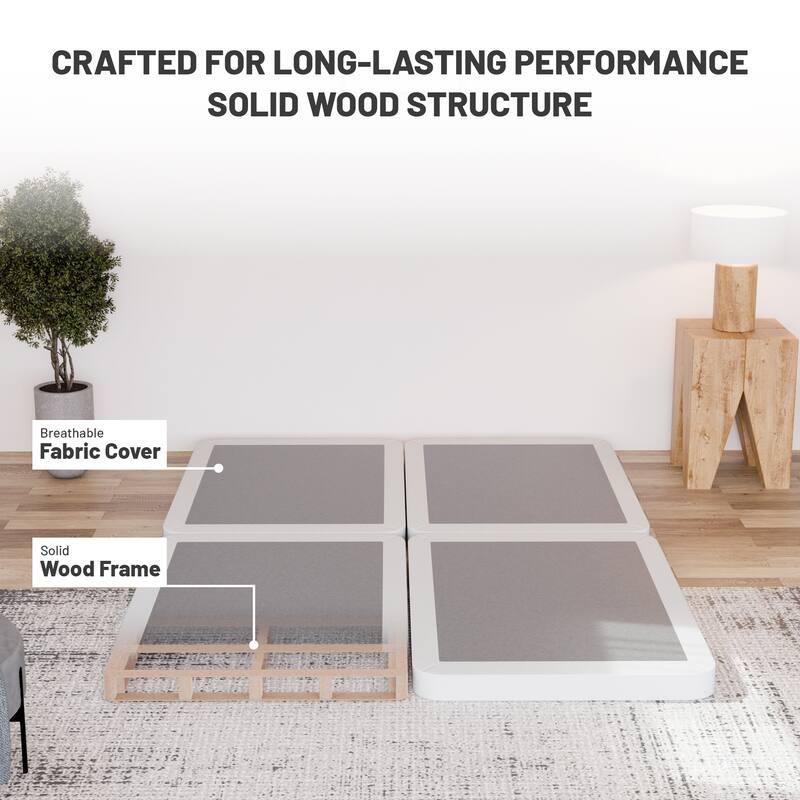 Box Spring Bed Base, 2" Wood Foundation, Quiet Noise Free, 2-Pieces Under Mattress-Support Box Spring, Fully Assembled, White