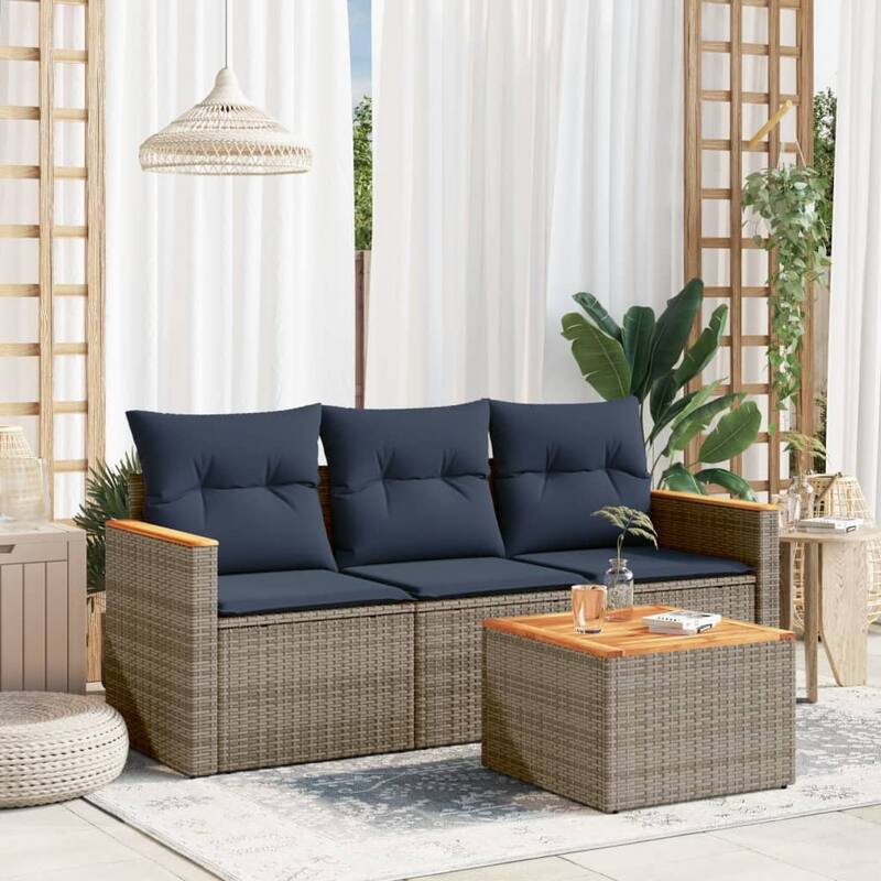 vidaXL Patio Sofa Set with Cushions Outdoor Conversation Furniture Poly Rattan - 21.7x 24.4x 27.2 - Grey-With table
