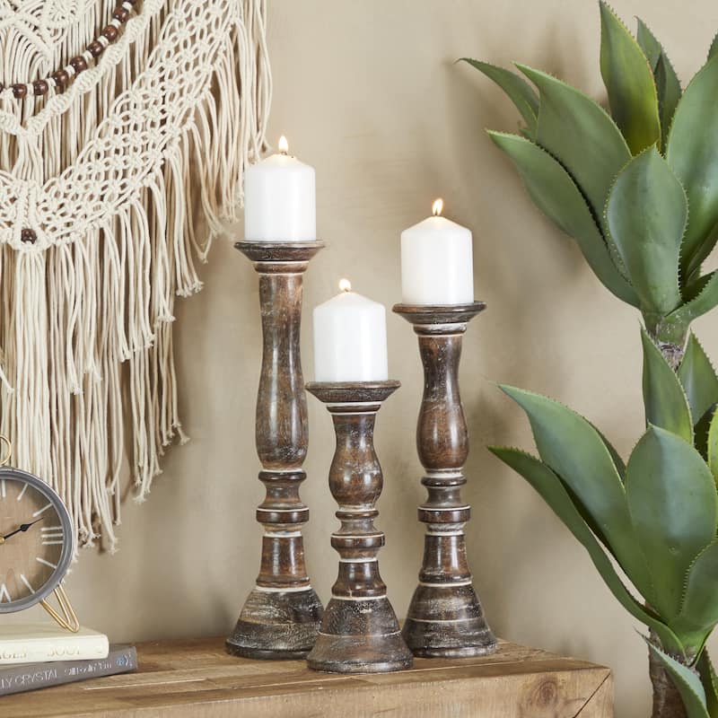 Wood Decorative Candle Holder - Set of 3 Dark Brown, Light Brown, Gray, Black - Roche River Decor