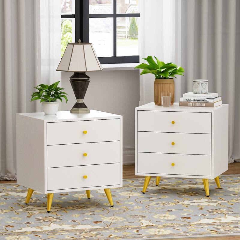Nightstand Bedside Table 3-Drawer with Metal Legs End Table White