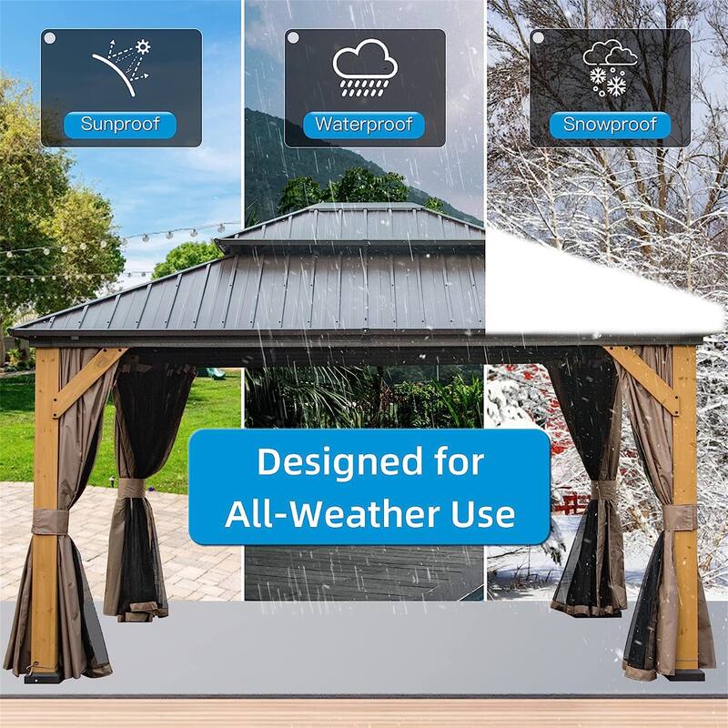 GDFStudio - Harper Outdoor Gazebo with Cedar Wood Frame and Galvanized Steel Double Roof