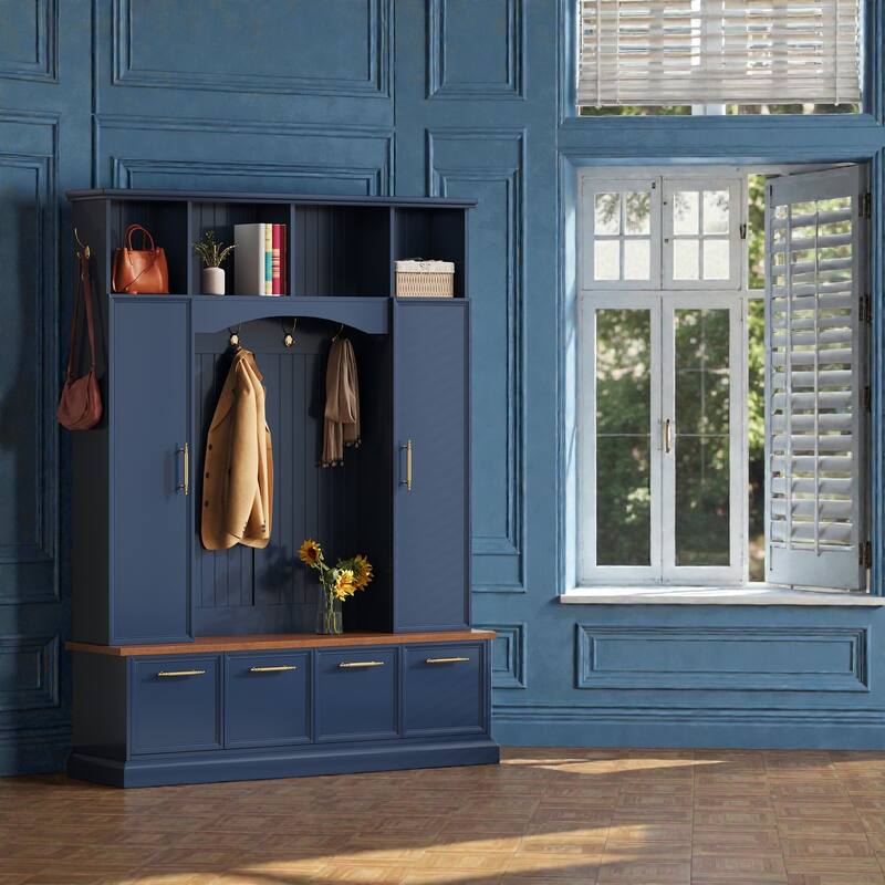 4-in-1 Farmhouse Hall Tree with Walnut Bench, 8 Hooks, Adjustable Shelves and Shoe Storage, Entryway Coat Rack, 59" W