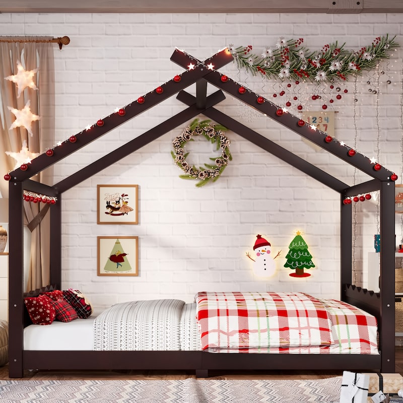 Queen/Full/Twin Solid Wood House Floor Bed, No Box Spring Needed