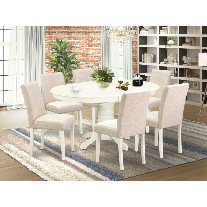 Dinette Set 7Pc Oval Table w/ Leaf & 6 Parsons Chairs - Linen White Legs, Beige Fabric