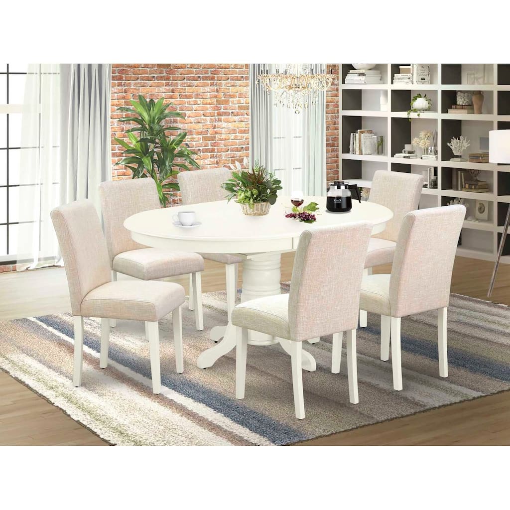 Dinette Set 7Pc Oval Table w/ Leaf & 6 Parsons Chairs - Linen White Legs, Beige Fabric