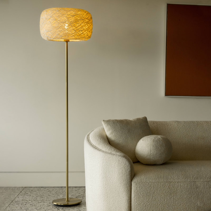 Brightech Rowan 66 in. Antique Brass Mid-Century Modern LED Super Bright Floor Lamp with Beige Twine Drum Shade
