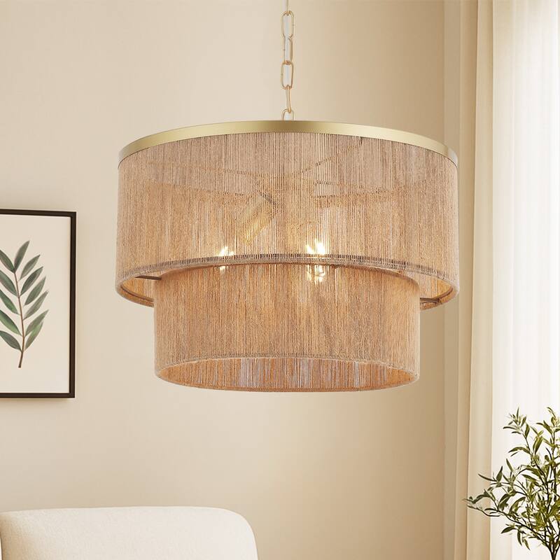 GetLedel 3-Light Coastal Boho Rope Drum Chandelier Hand-woven Ceiling Light