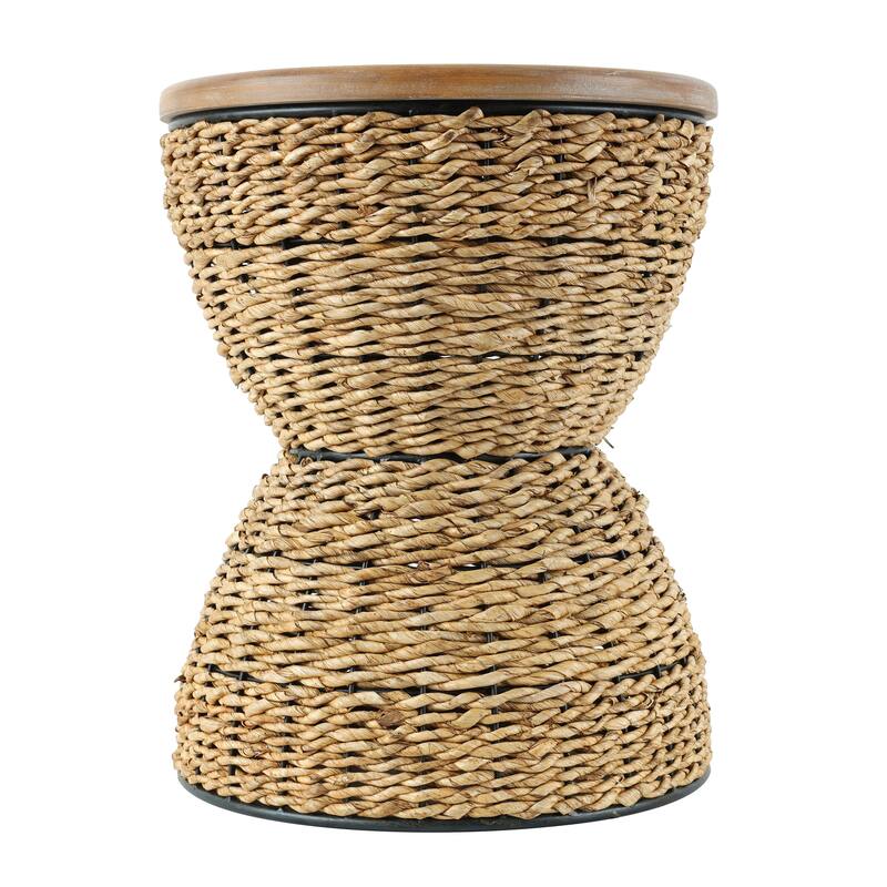 Light Brown or Brown Rattan Handmade Woven Side End Accent Table with Wood Tabletop and Black Frame