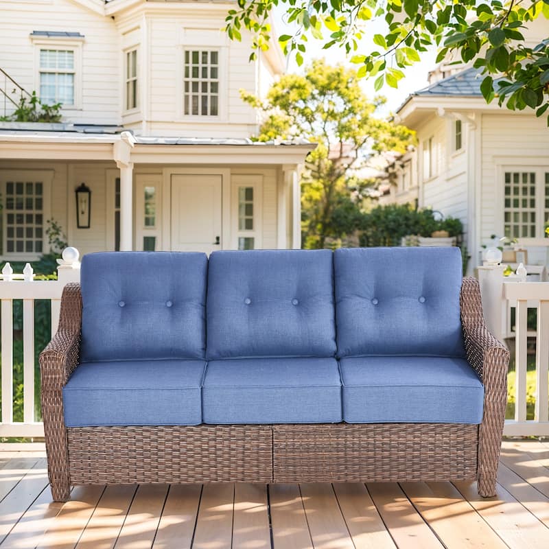 Outdoor 3 Seater Sofa Deep Seat Sofa - Blue Cushion - Brown - Blue - Brown