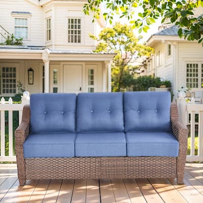 Outdoor 3 Seater Sofa Deep Seat Sofa - Blue Cushion - Brown