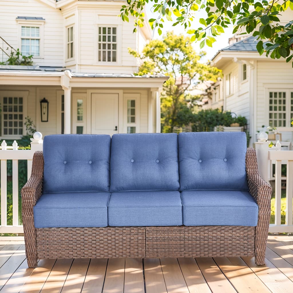 Outdoor 3 Seater Sofa Deep Seat Sofa - Blue Cushion - Brown
