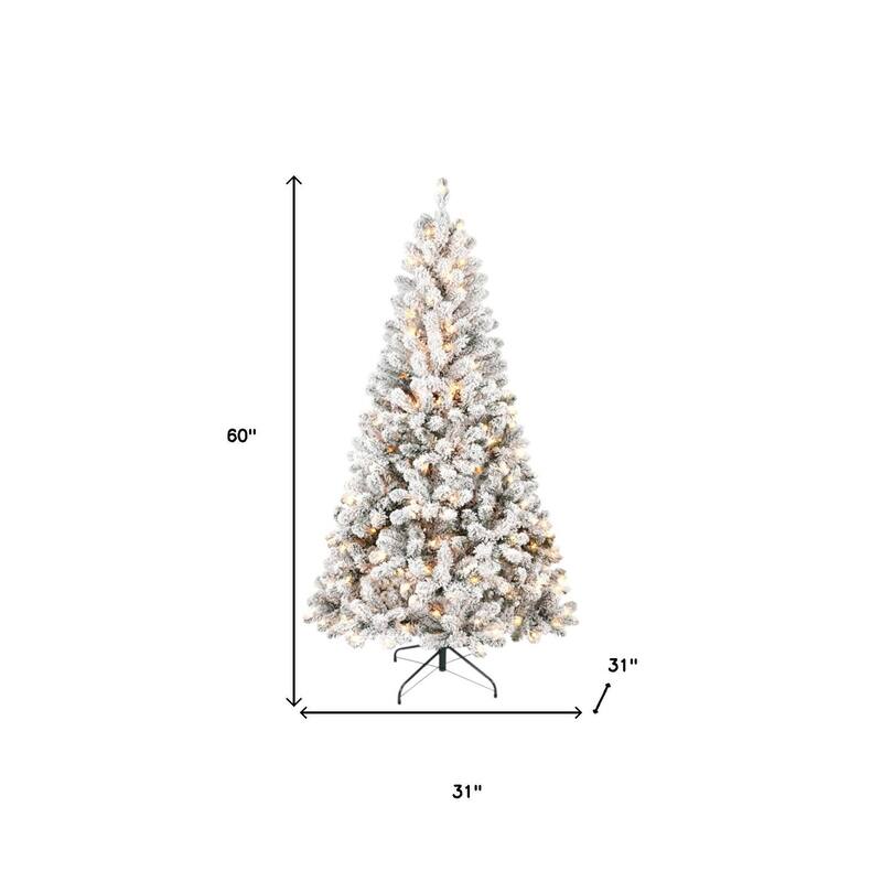 HomeRoots 5' Pre Lit Full Flocked Spruce Christmas Tree - Green/White - 31.00 in. x 60.00 in. x 31.00 in.