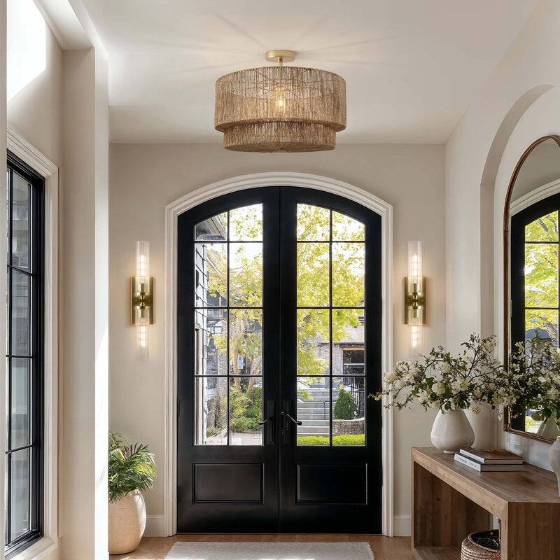 Luminous Lace Flush Mount - Jute Fibers Natural Handwoven Ceiling Light for Kitchen Island or Dining Room in Modern, Boho Style