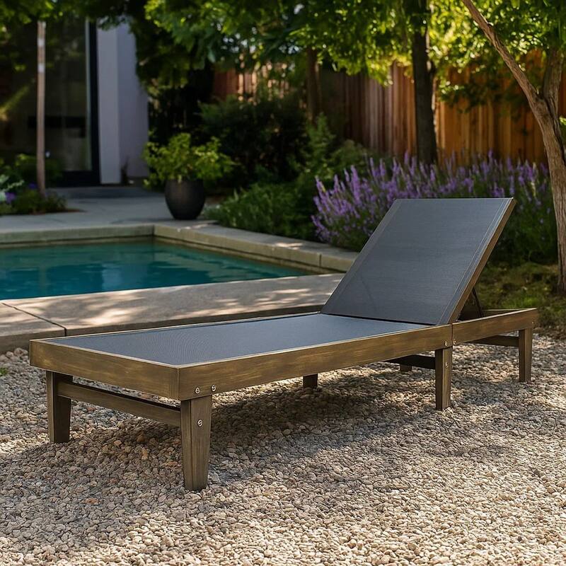 Liam Outdoor Chaise Lounger, 78 Inch Mesh Seat, Dark Gray Acacia Wood Frame