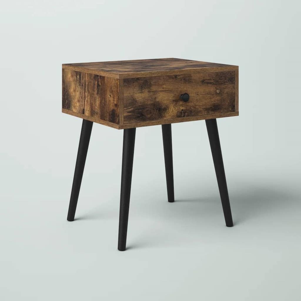 Mid Century Modern Farmhouse Nightstand with Single Drawer Black Tapered Legs and Wood Grain Finish