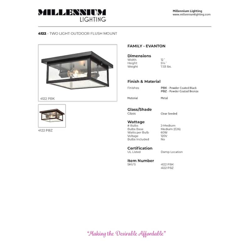 Millennium Lighting Evanton Outdoor Flush Mount Ceiling Light in Multiple Finishes