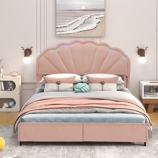 Full Size Upholstered Smart LED Bed Frame with 2 Storage Drawers and Chic Double Petal Headboard