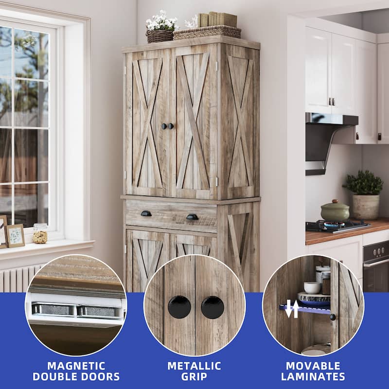 Moasis 72" H Wood Farmhouse Kitchen Pantry Cabinet with Adjustable Shelves & Drawer