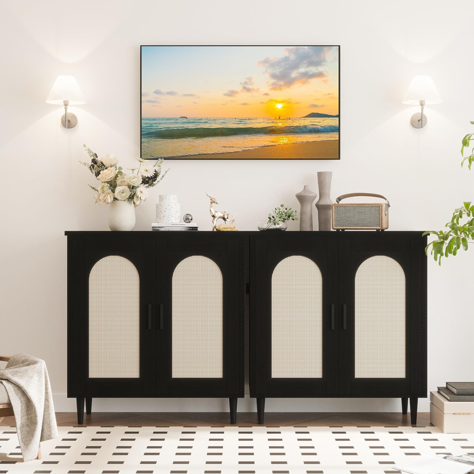 Set of 2 Rattan Sideboard Buffet Cabinet with 2 Doors, Farmhouse Kitchen Storage Cabinet with Adjustable Shelf