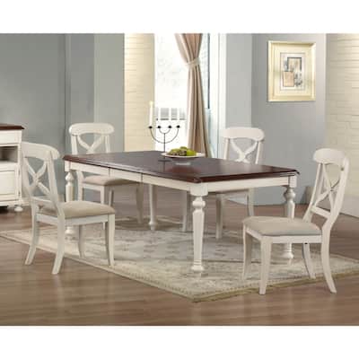 Extendable Dining Set - 5 Piece Rectangular Table & Chairs - Seats 8 - Antique White & Chestnut Brown