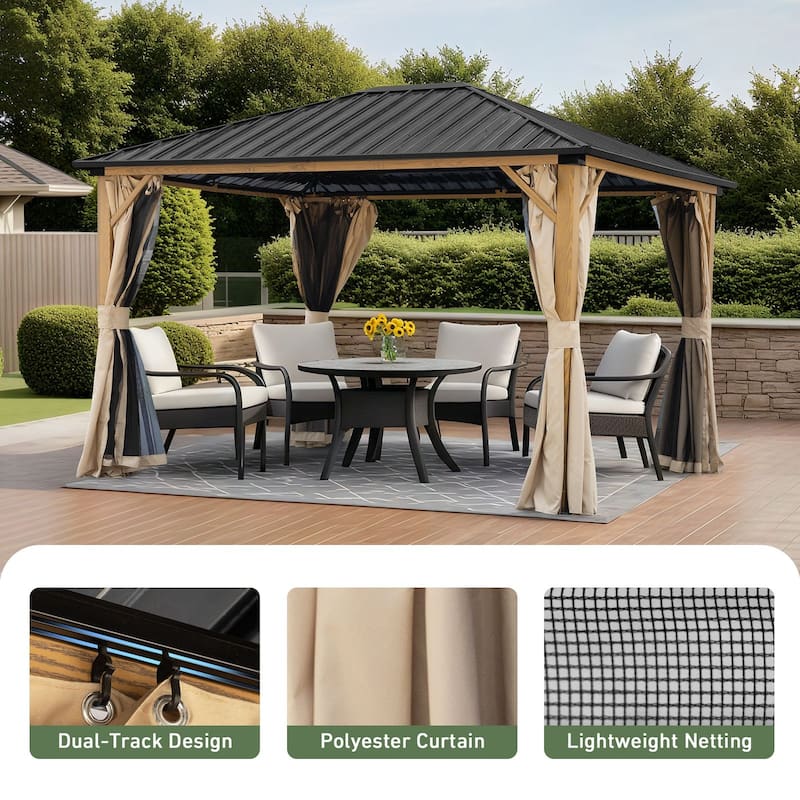 Aoodor 10 x 12 ft. Outdoor Hardtop Gazebo with Curtains and Mosquito Nettings for Patio, Garden, Backyard