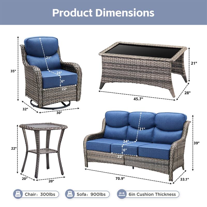 Meyreso 7-Piece Wicker Patio Conversation Set with Swivel Gliders and 6-Inch Thick Cushions