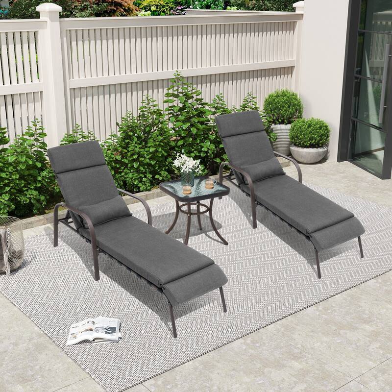 Outdoor Cushioned Chaise Lounge Chairs Adjustable Reclining Sun Lounger with Side Table